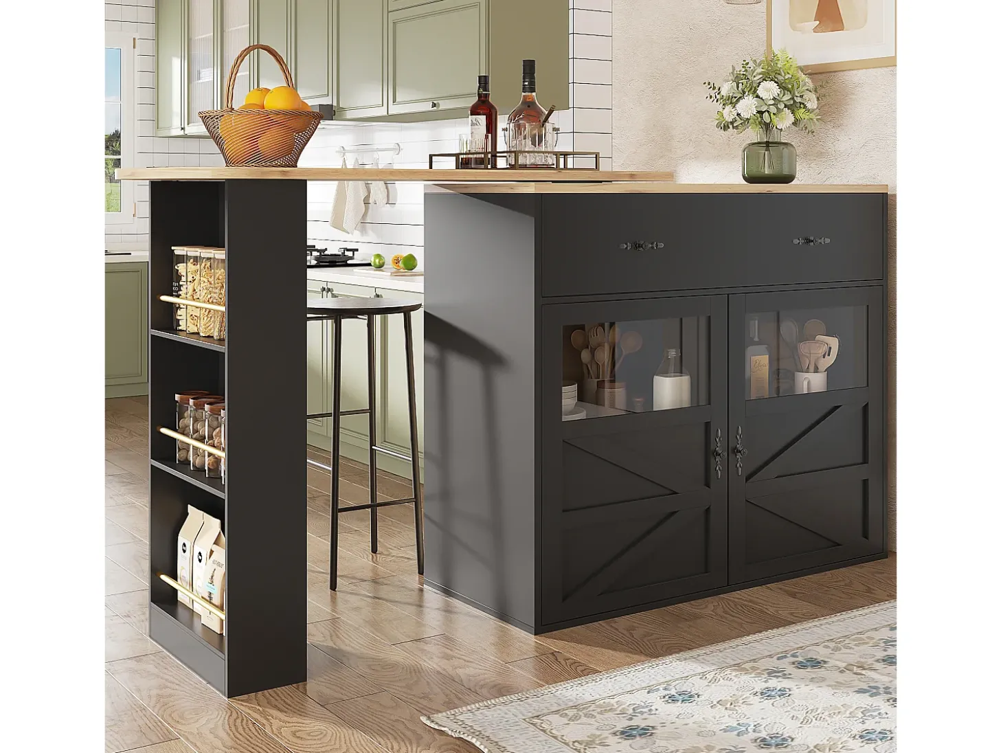 Móvel de bar giratório com 1 gaveta larga e 2 portas, prateleira lateral de três níveis incluída, preto - 204x39x104cm