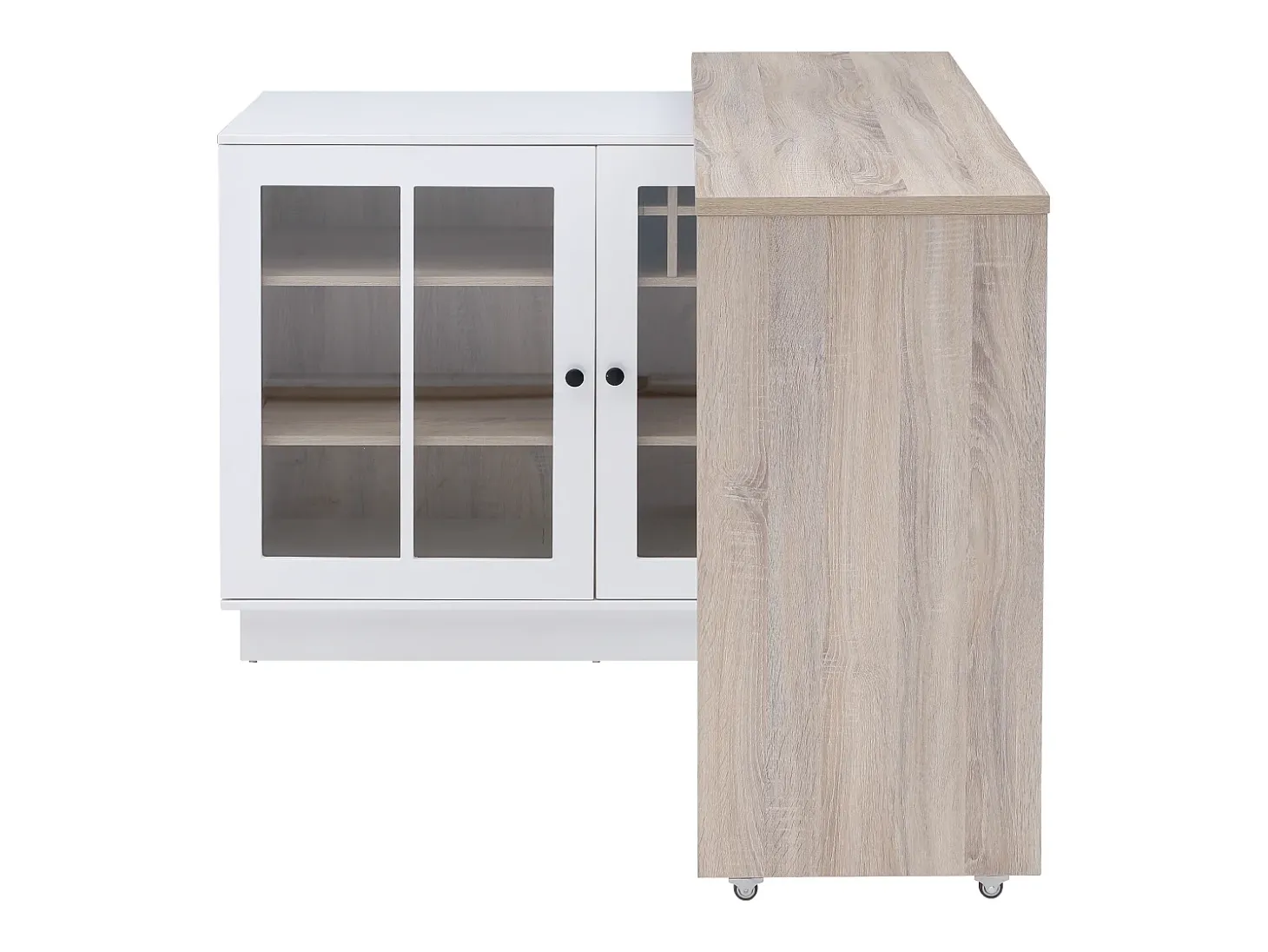 Móvel de bar giratório com arrumação em MDF, vidro temperado branco e natural - ARAMETA
