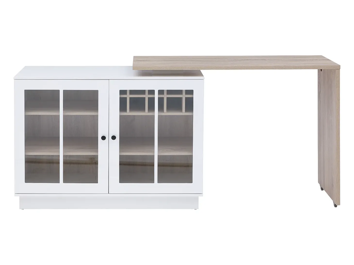 Móvel de bar giratório com arrumação em MDF, vidro temperado branco e natural - ARAMETA