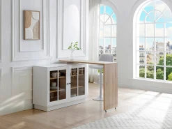 Móvel de bar giratório com arrumação em MDF, vidro temperado branco e natural - ARAMETA
