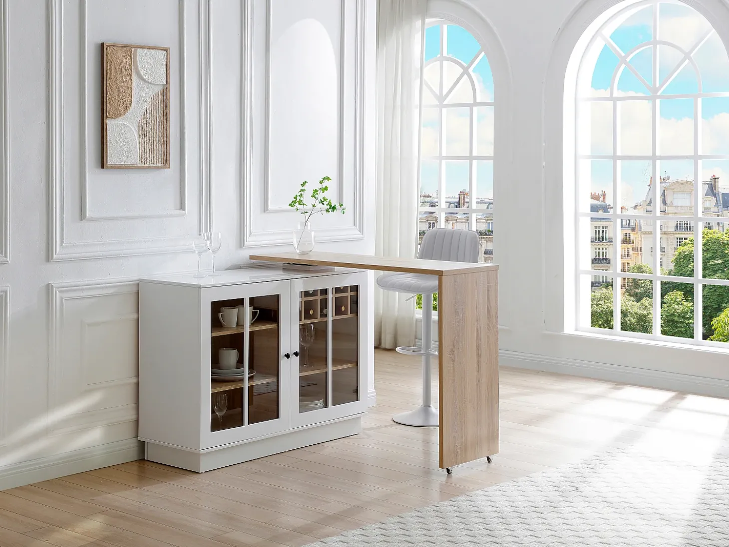 Móvel de bar giratório com arrumação em MDF, vidro temperado branco e natural - ARAMETA