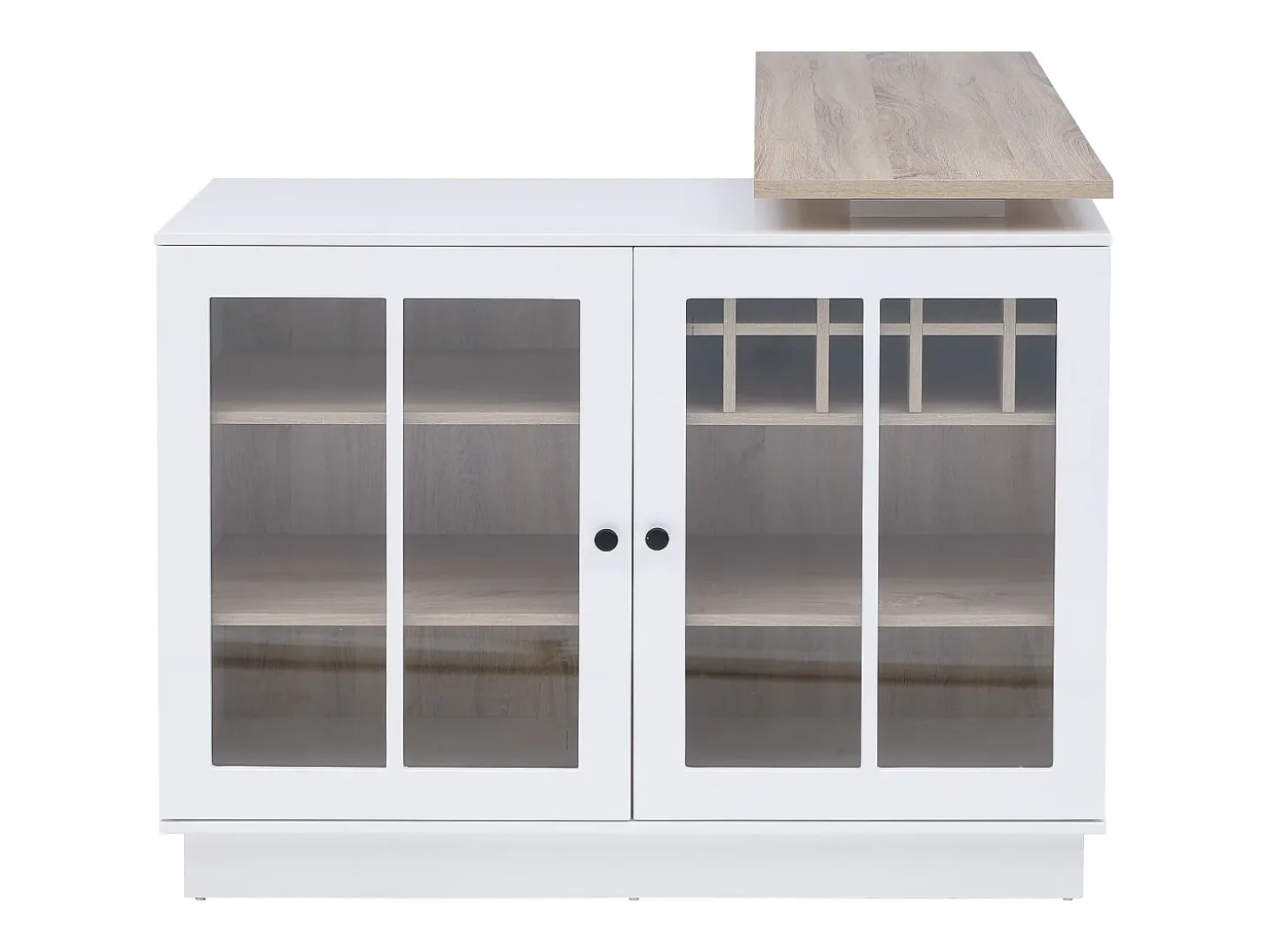 Móvel de bar giratório com arrumação em MDF, vidro temperado branco e natural - ARAMETA