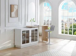 Móvel de bar giratório com arrumação em MDF, vidro temperado branco e natural - ARAMETA