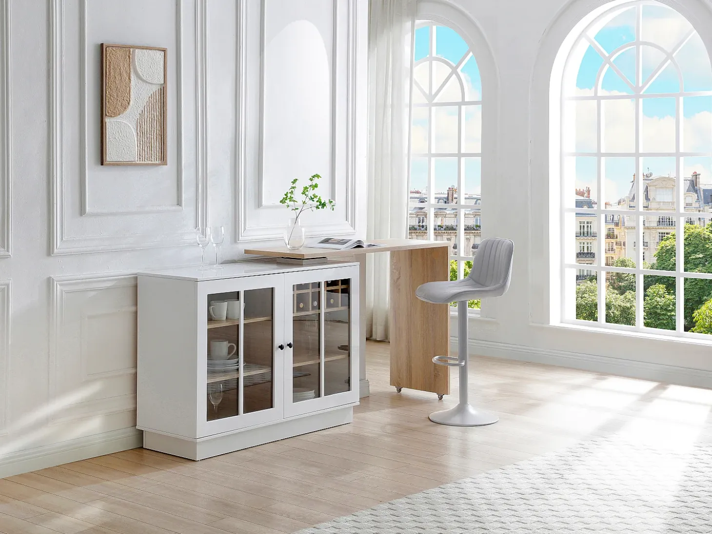 Móvel de bar giratório com arrumação em MDF, vidro temperado branco e natural - ARAMETA
