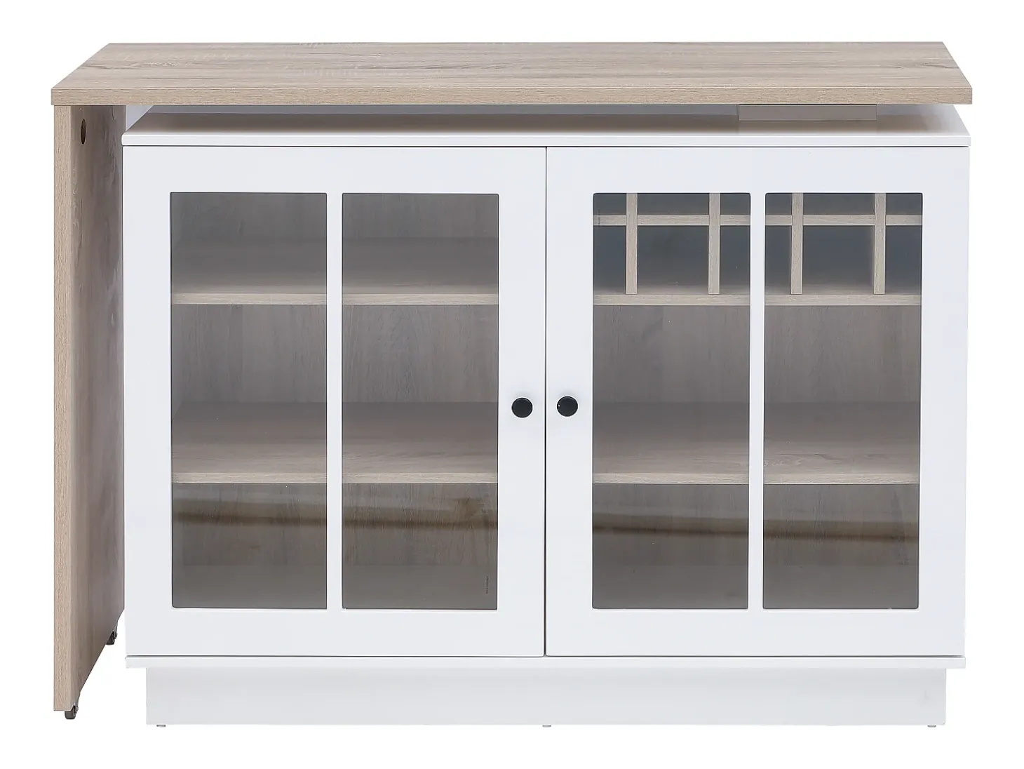 Móvel de bar giratório com arrumação em MDF, vidro temperado branco e natural - ARAMETA