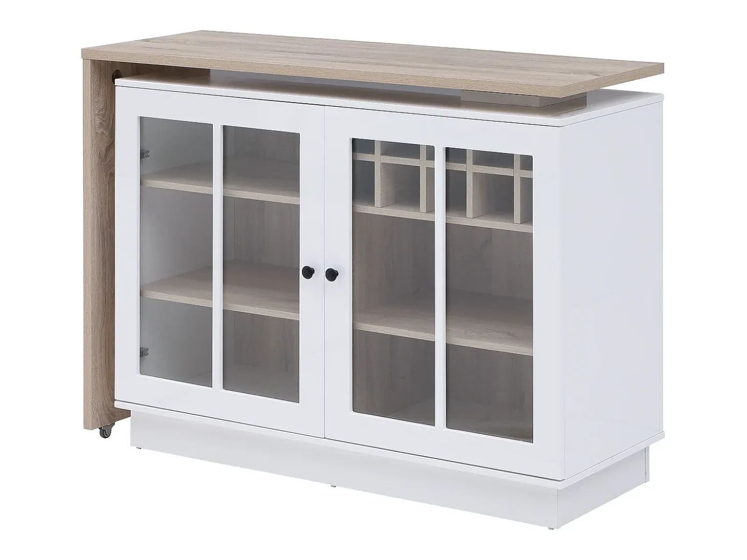 Móvel de bar giratório com arrumação em MDF, vidro temperado branco e natural - ARAMETA