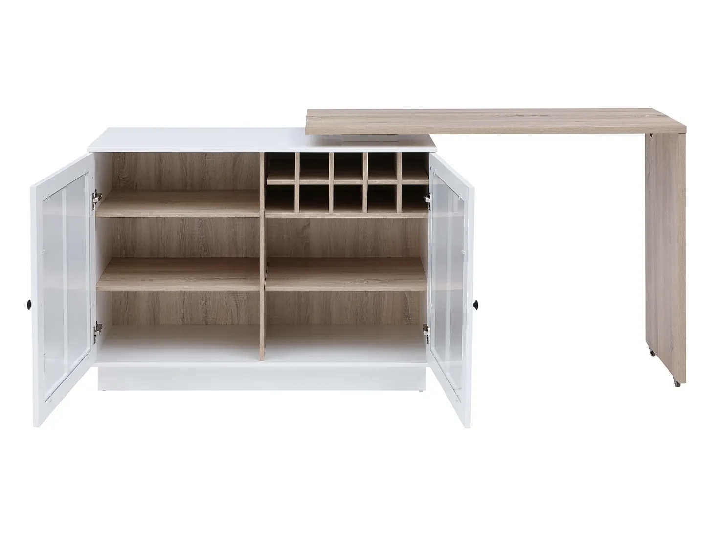 Móvel de bar giratório com arrumação em MDF, vidro temperado branco e natural - ARAMETA