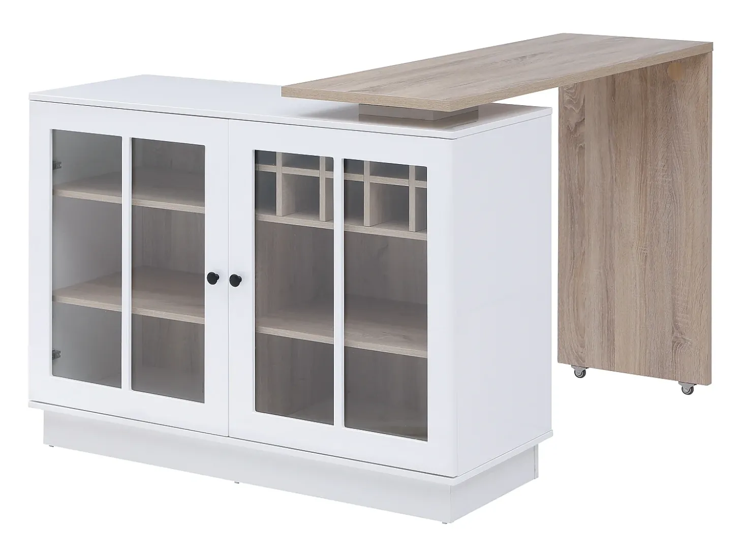 Móvel de bar giratório com arrumação em MDF, vidro temperado branco e natural - ARAMETA