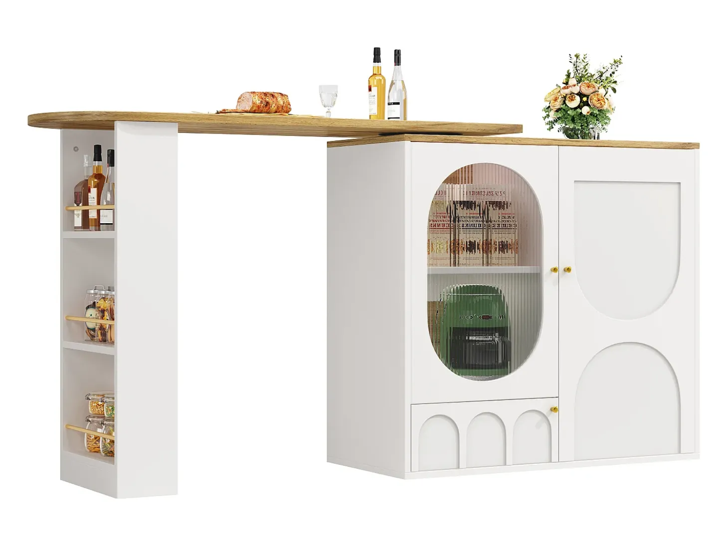 Móvel de bar giratório e recolhível 360° - 204×39×105 cm - 3 portas - prateleiras abertas - branco