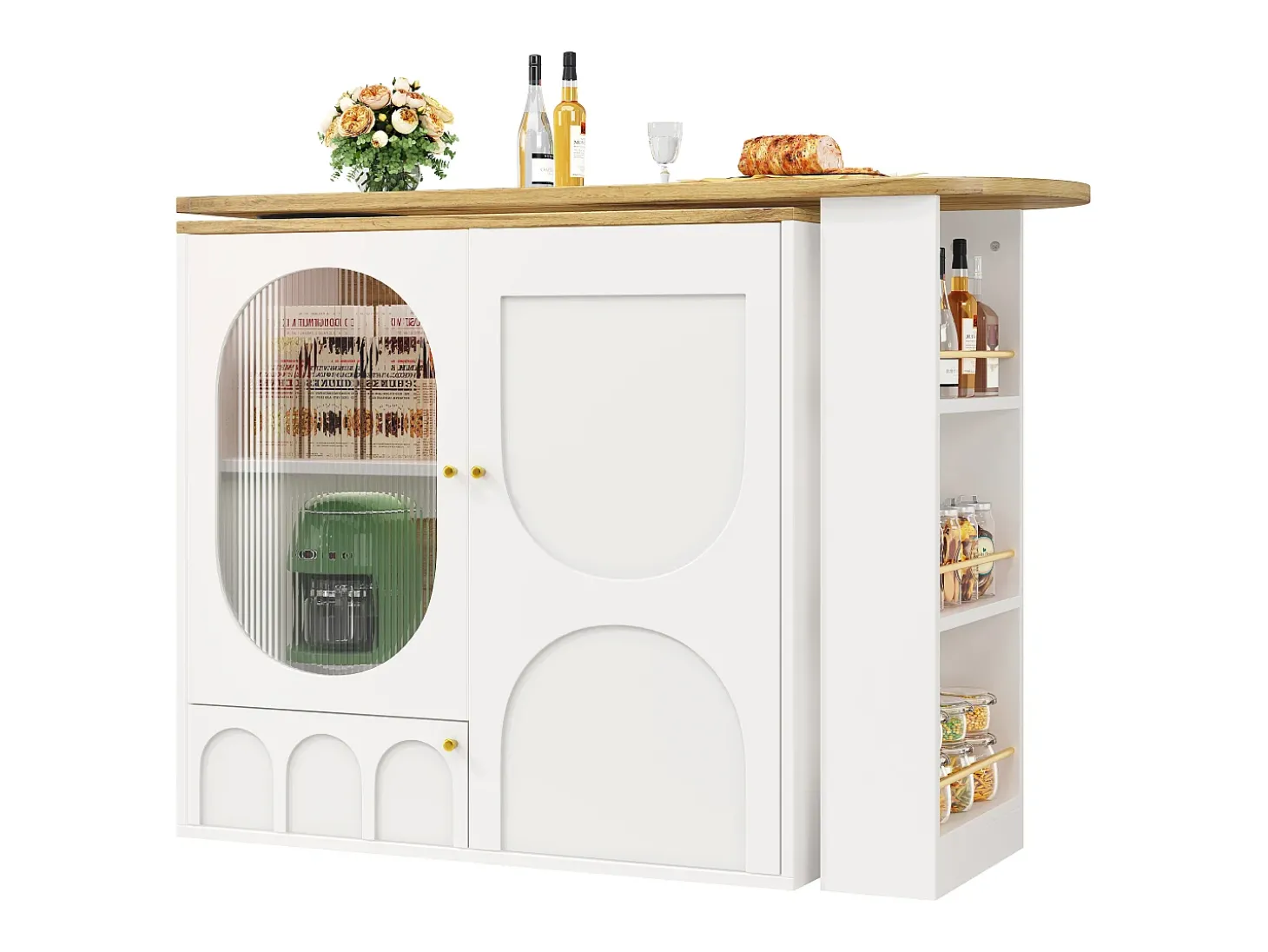 Móvel de bar giratório e recolhível 360° - 204×39×105 cm - 3 portas - prateleiras abertas - branco