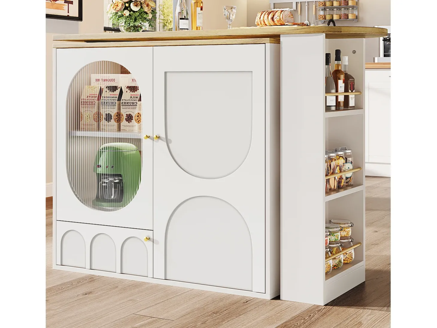 Móvel de bar giratório e recolhível 360° - 204×39×105 cm - 3 portas - prateleiras abertas - branco