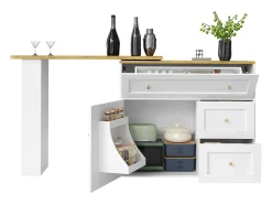 Móvel de bar giratório moderno 360° - 204×39×105 cm - 2 gavetas e 2 portas - com prateleiras laterais - mesa extensível - branco