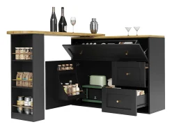 Móvel de bar giratório moderno 360° - 204×39×105 cm - 2 gavetas e 2 portas - com prateleiras laterais - mesa extensível - preto
