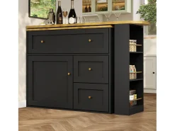 Móvel de bar giratório moderno 360° - 204×39×105 cm - 2 gavetas e 2 portas - com prateleiras laterais - mesa extensível - preto