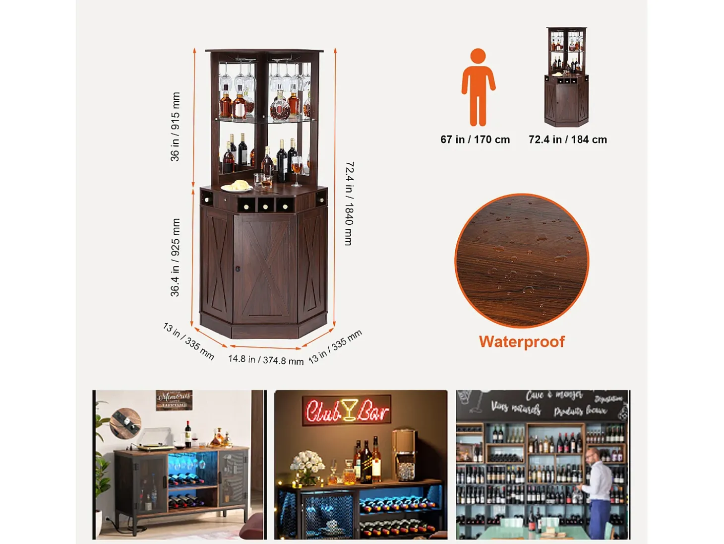 Móvel de Bar Industrial SucceBuy, com Suporte para Copos de Licor e Copos, Móvel de Bar para Café em Madeira Rústica Autônomo para Sala de Estar, Bar em Casa