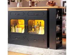 Móvel de bar moderno rotativo 360° - com LED - 203x39x93 cm - 4 gavetas e 2 portas - com prateleiras laterais - preto