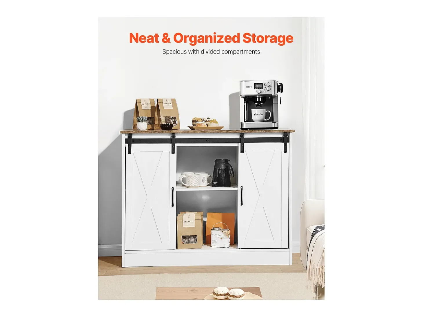 Móvel de Bar para Café SucceBuy, 106 x 40 x 81,5 cm, com 3 Níveis com Portas de Celeiro
