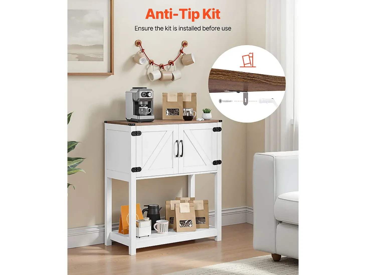 Móvel de Bar para Café SucceBuy, 80 x 35 x 88 cm, 3 Níveis com Portas Magnéticas
