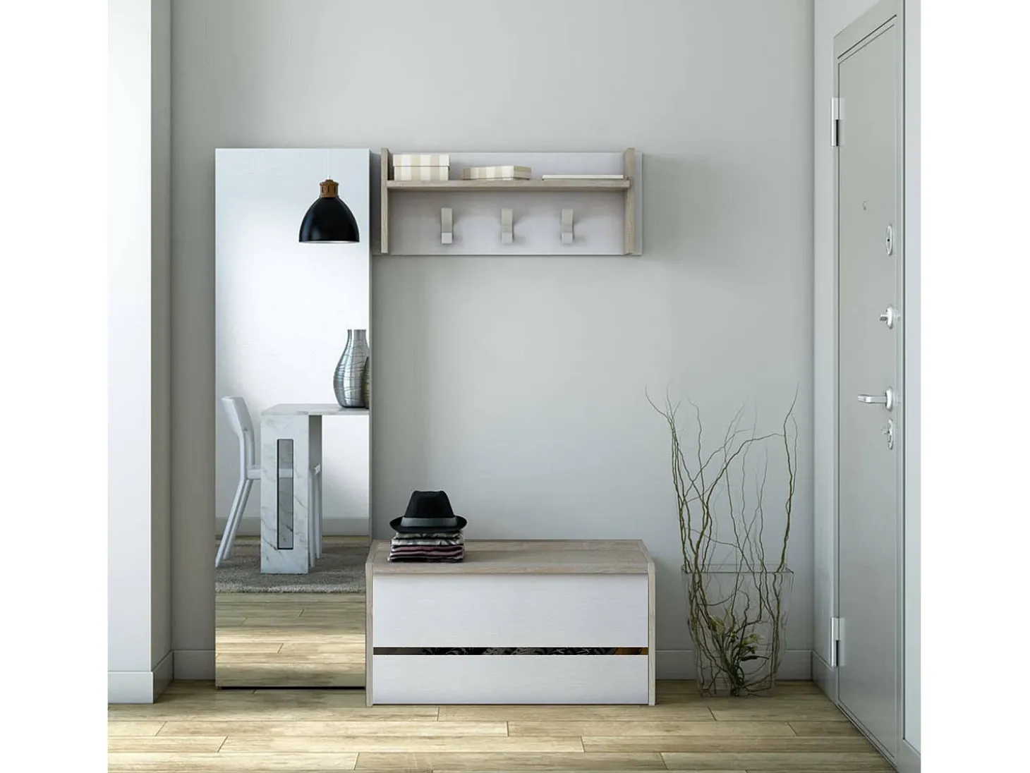Móvel de entrada Brionia, Entrada moderna com cabide, Armário com sapateira, Armário multifuncional, 50x32h182 cm, Carvalho e Branco