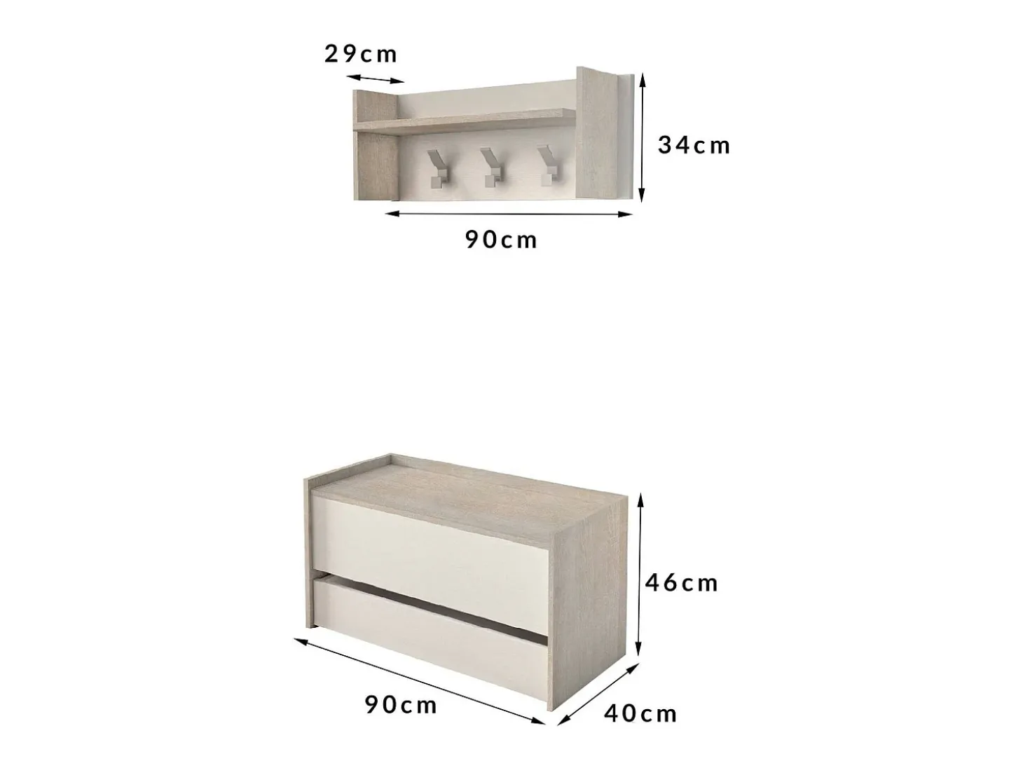 Móvel de entrada Brionia, Entrada moderna com cabide, Armário com sapateira, Armário multifuncional, 50x32h182 cm, Carvalho e Branco
