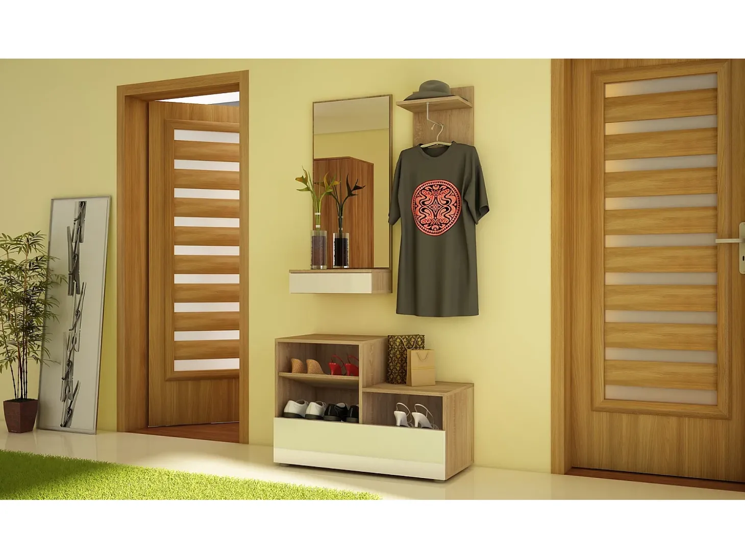 Móvel de entrada City carvalho sonoma claro / branco brilhante 90 cm