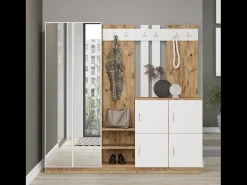 Móvel de entrada com espelho em madeira e branco ANKA - Armazenamento espaçoso e elegante