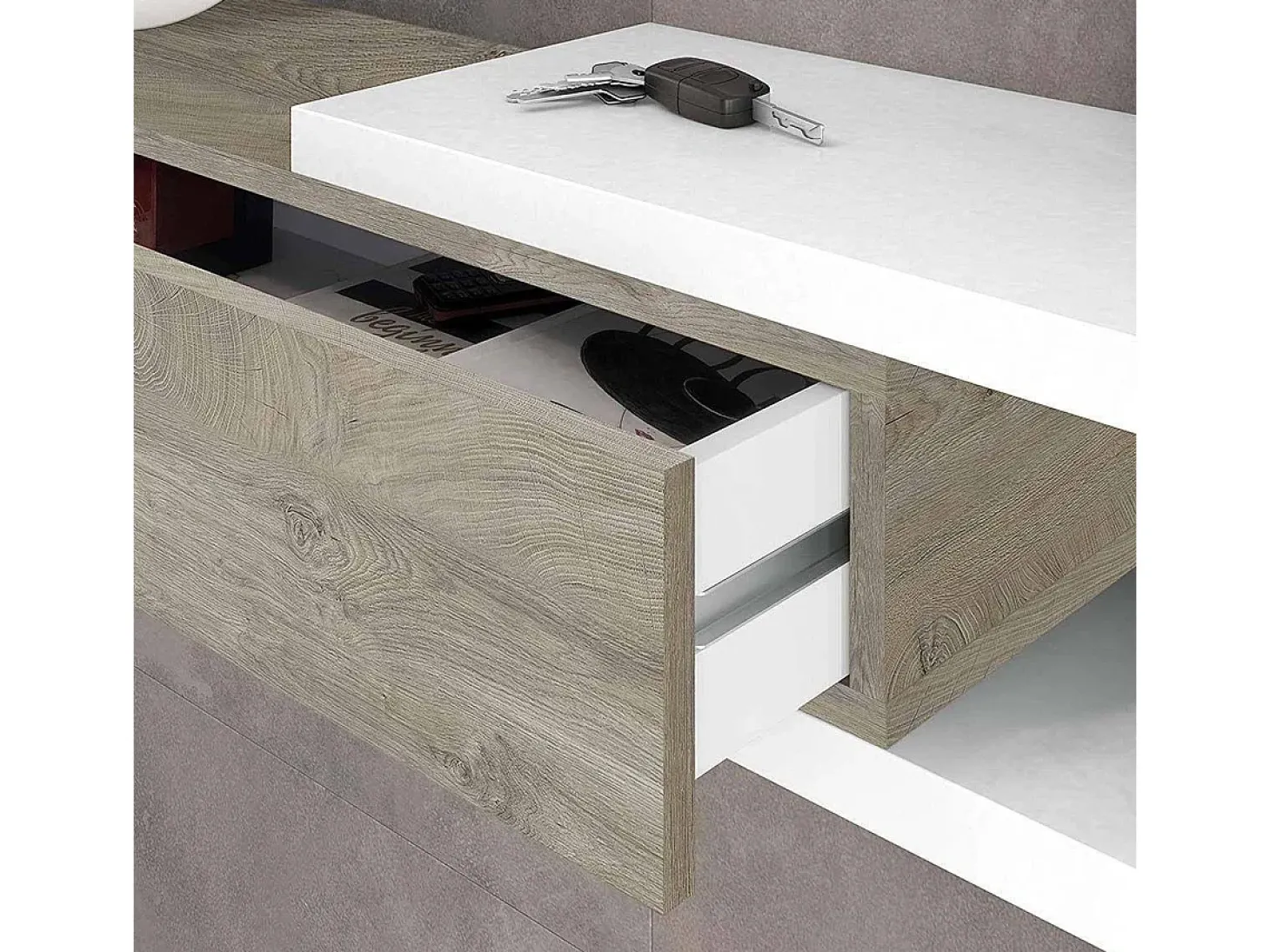 Móvel de entrada Dhasi, Entrada reversível com espelho, Móvel de hall com gaveta, Bandeja de bolso para apartamentos, 95x26h69 cm, Branco e Carvalho