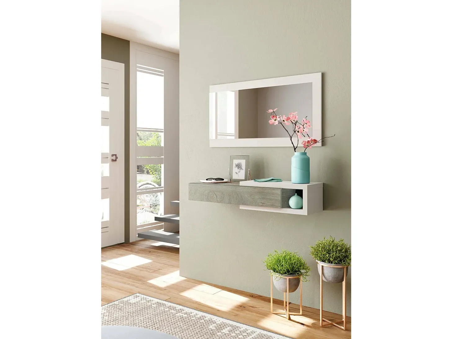 Móvel de entrada Dhasi, Entrada reversível com espelho, Móvel de hall com gaveta, Bandeja de bolso para apartamentos, 95x26h69 cm, Branco e Carvalho