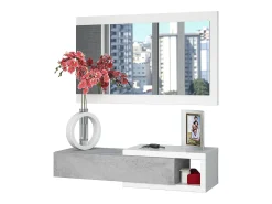Móvel de entrada Dhasi, Entrada reversível com espelho, Móvel de hall com gaveta, Bandeja de bolso para apartamentos, 95x26h69 cm, Branco e Cimento
