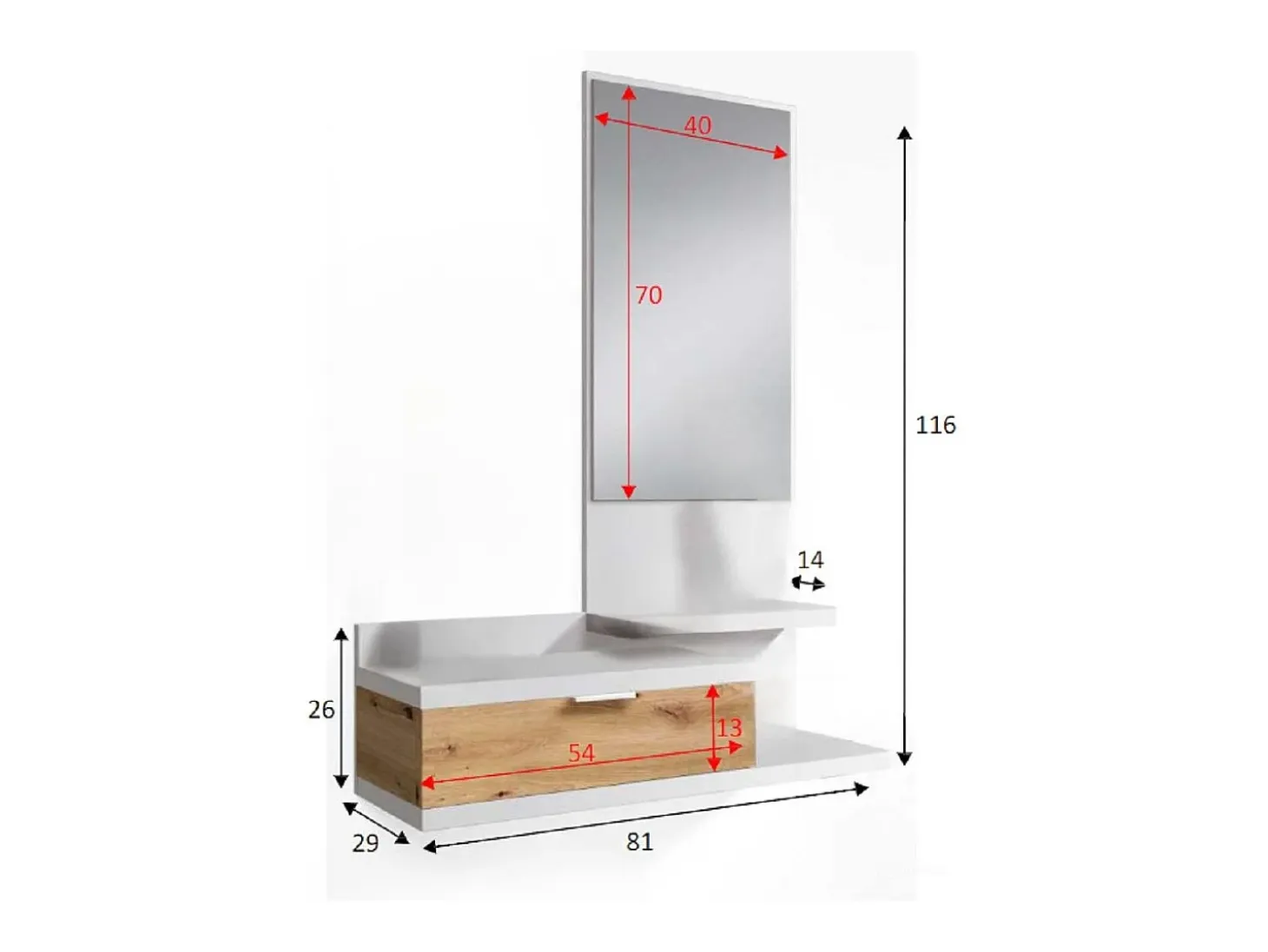 Móvel de entrada Dmissor, Entrada com espelho e gaveta, Esvaziador de bolsos para hall de entrada de pequenos apartamentos, 81x29h116 cm, Carvalho branco e nodoso