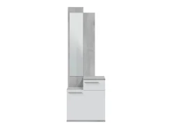 Móvel de entrada Dner, Sapateira multifuncional com espelho, Roupeiro com 1 porta e 1 gaveta, 61x28h185 cm, Cimento e Branco Brilhante