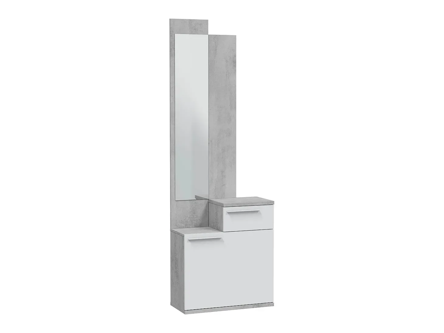 Móvel de entrada Dner, Sapateira multifuncional com espelho, Roupeiro com 1 porta e 1 gaveta, 61x28h185 cm, Cimento e Branco Brilhante