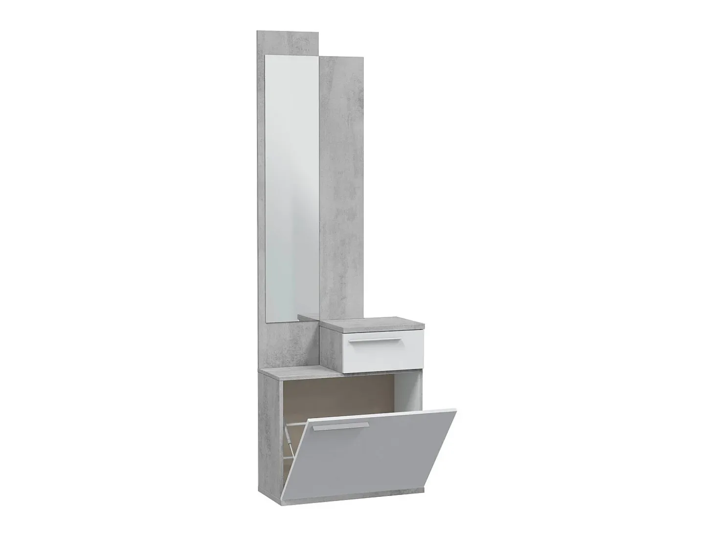 Móvel de entrada Dner, Sapateira multifuncional com espelho, Roupeiro com 1 porta e 1 gaveta, 61x28h185 cm, Cimento e Branco Brilhante