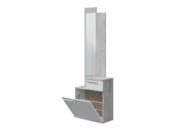 Móvel de entrada Dner, Sapateira multifuncional com espelho, Roupeiro com 1 porta e 1 gaveta, 61x28h185 cm, Cimento e Branco Brilhante