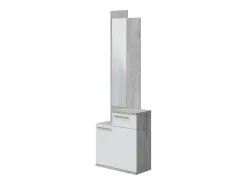 Móvel de entrada Dner, Sapateira multifuncional com espelho, Roupeiro com 1 porta e 1 gaveta, 61x28h185 cm, Cimento e Branco Brilhante