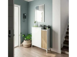 Móvel de entrada Dodd, Entrada com 2 portas, Roupeiro com espelho, Arrumação multifuncional, 77x24h91 cm, Branco e Carvalho