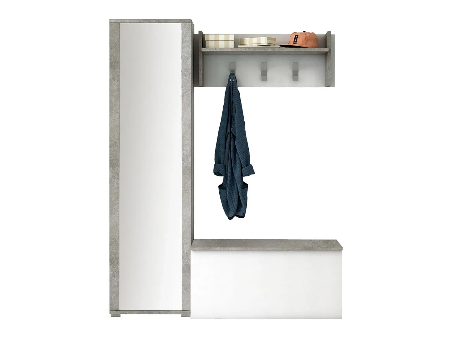 Móvel de entrada Mirtilla, Entrada moderna com cabide, Armário com sapateira, Armário com espelho, 50x32h182 cm, Branco e Cimento