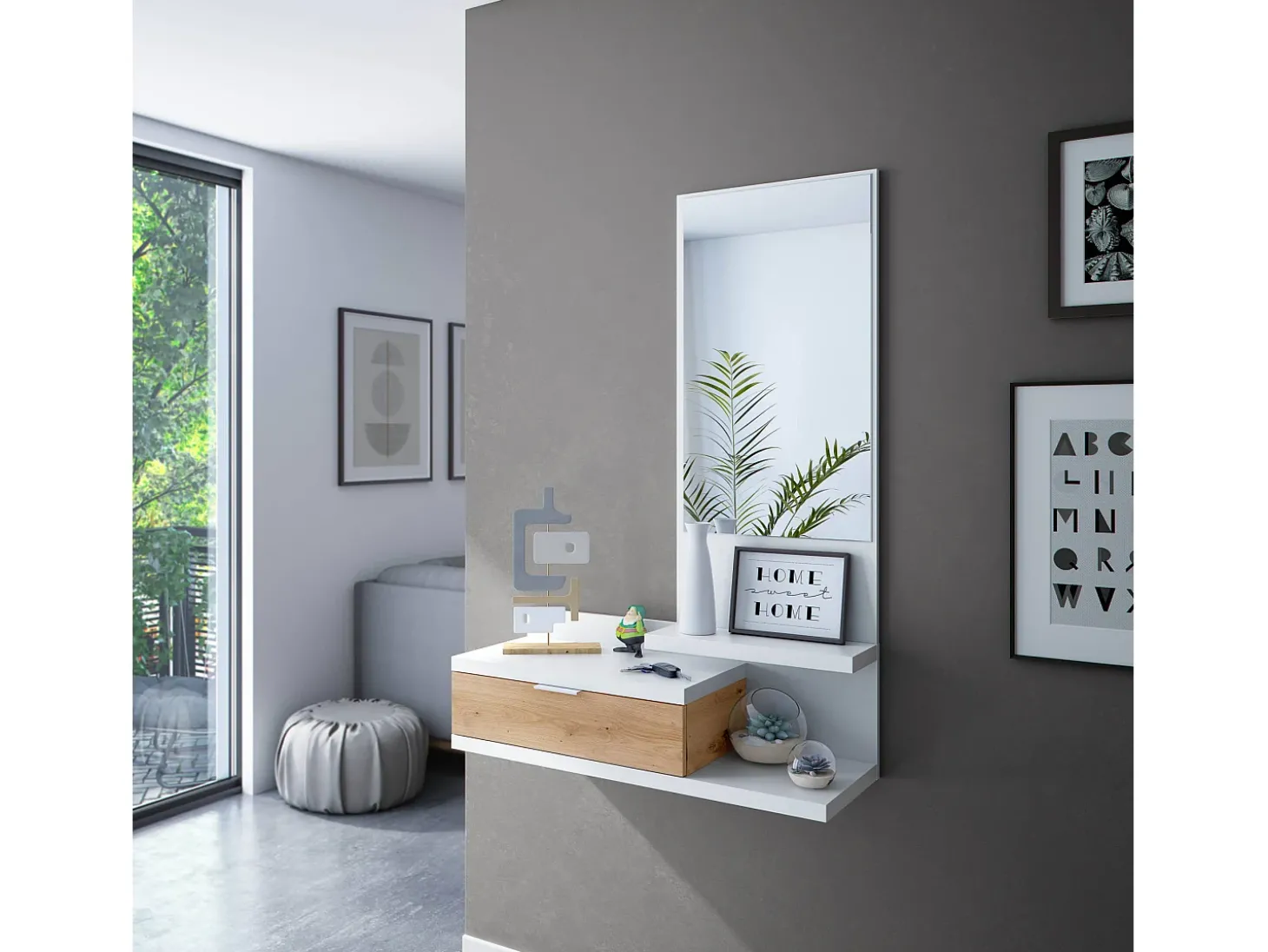Móvel de entrada Tijuana, Entrada com espelho e gaveta, Esvaziador de bolsos para hall de entrada de apartamentos pequenos, 81x29h116 cm, Carvalho branco e nodoso