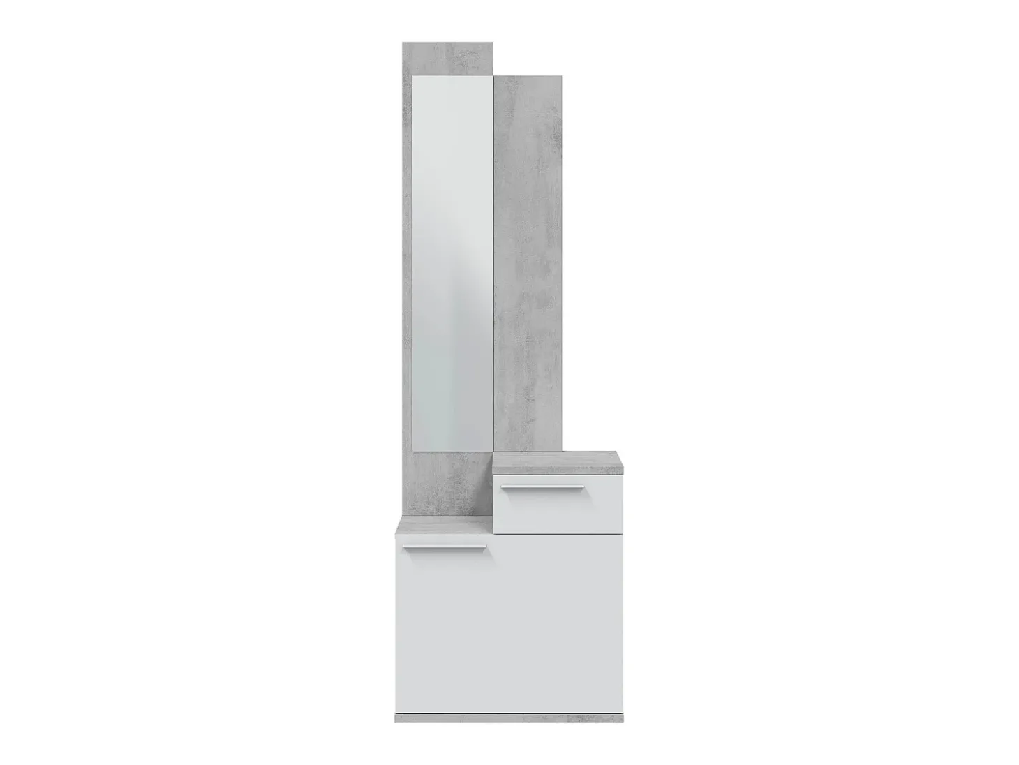 Móvel de entrada Waltham, Sapateira multifuncional com espelho, roupeiro 1 porta e 1 gaveta, 61x28h185 cm, Cimento e Branco Brilhante