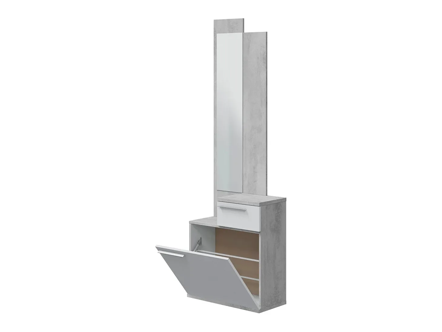 Móvel de entrada Waltham, Sapateira multifuncional com espelho, roupeiro 1 porta e 1 gaveta, 61x28h185 cm, Cimento e Branco Brilhante