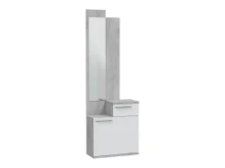 Móvel de entrada Waltham, Sapateira multifuncional com espelho, roupeiro 1 porta e 1 gaveta, 61x28h185 cm, Cimento e Branco Brilhante