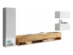 Móvel de sala 4 peças – conjunto suspenso TV 180 cm, coluna, 2 armários, branco brilho + carvalho wotan