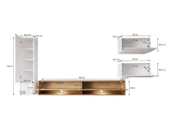Móvel de sala 4 peças – conjunto suspenso TV 180 cm, coluna, 2 armários, branco brilho + carvalho wotan