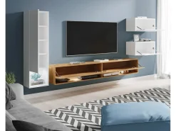 Móvel de sala LED 4 peças – conjunto suspenso TV 180 cm, coluna, 2 módulos, branco brilho e carvalho Wotan