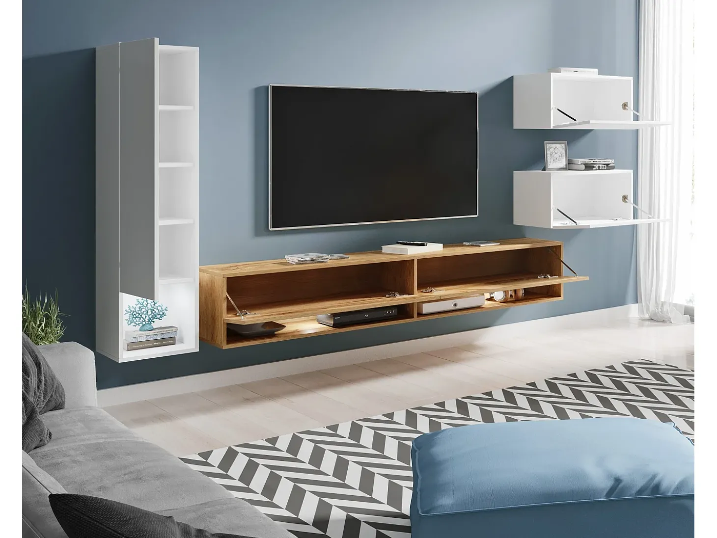 Móvel de sala LED 4 peças – conjunto suspenso TV 180 cm, coluna, 2 módulos, branco brilho e carvalho Wotan