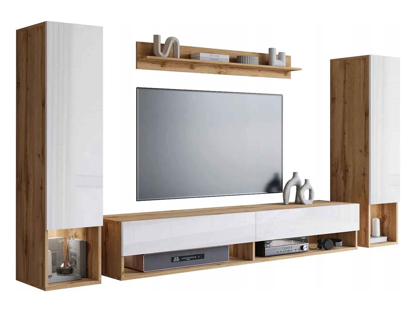 Móvel de sala moderno – conjunto suspenso com 2 colunas + móvel de TV 180 cm + prateleira, corpo carvalho wotan mate, frentes branco brilho