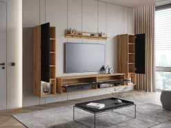 Móvel de sala moderno – conjunto suspenso com 2 colunas + móvel de TV 180 cm + prateleira, corpo carvalho wotan mate, frentes preto brilho