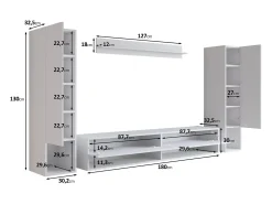 Móvel de sala moderno – conjunto suspenso com 2 colunas + móvel de TV 180 cm + prateleira, corpo carvalho wotan mate, frentes preto brilho