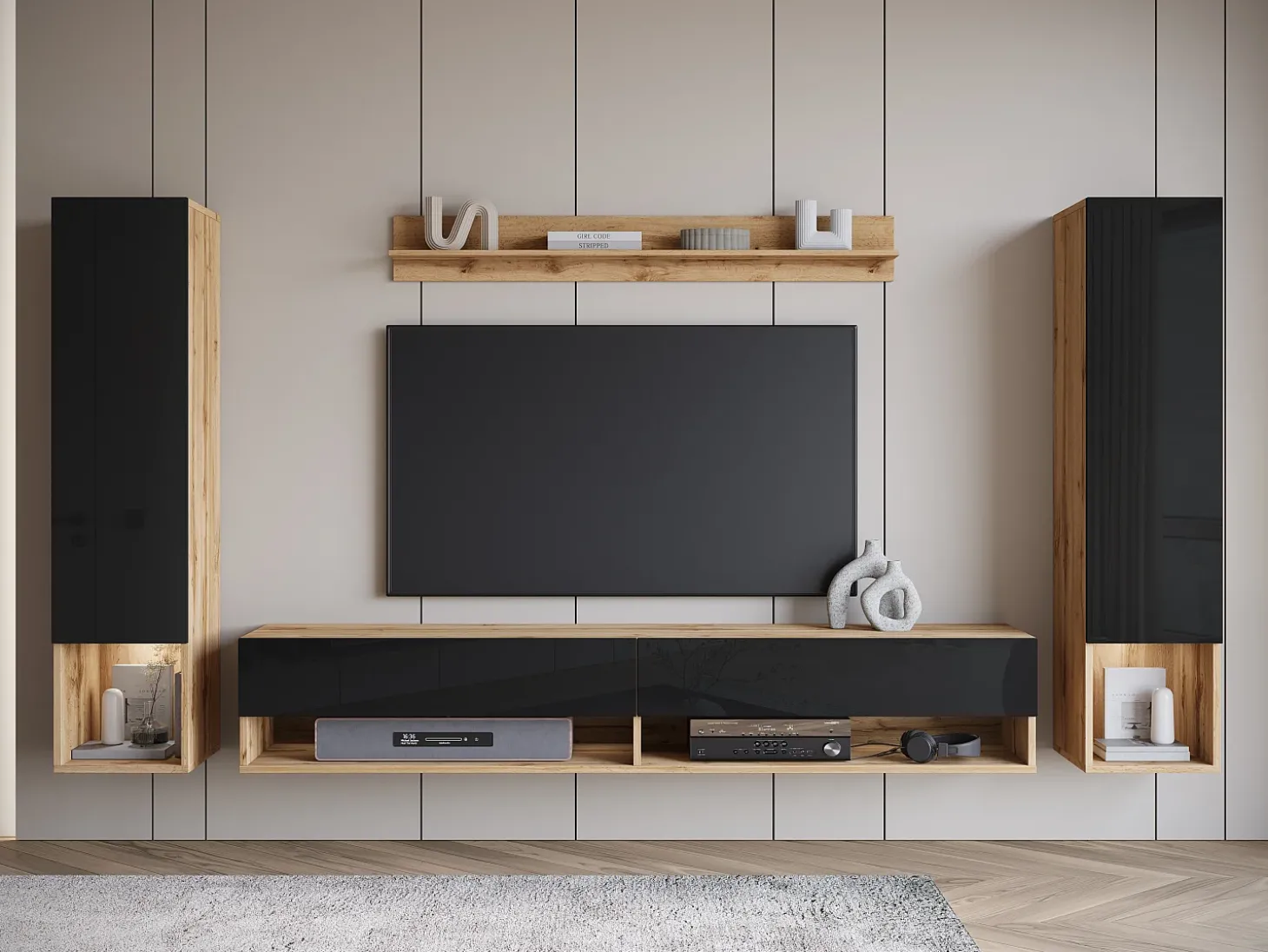 Móvel de sala moderno – conjunto suspenso com 2 colunas + móvel de TV 180 cm + prateleira, corpo carvalho wotan mate, frentes preto brilho