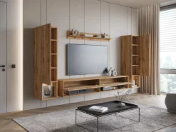 Móvel de sala moderno – conjunto suspenso com 2 colunas + móvel de TV 180 cm + prateleira, carvalho wotan mate